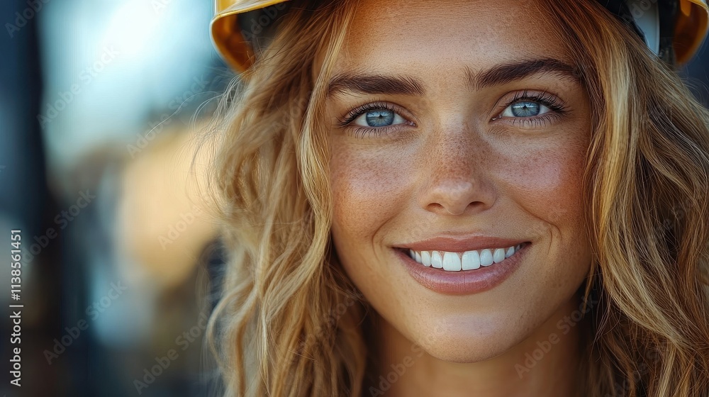 A smiling young woman stands confidently at a construction site, wearing a hard hat and safety gear. Her friendly expression and glimmering blue eyes reflect enthusiasm and determination A smiling young woman stands confidently at a construction site, wearing a hard hat and safety gear. Her friendly expression and glimmering blue eyes reflect enthusiasm and determination