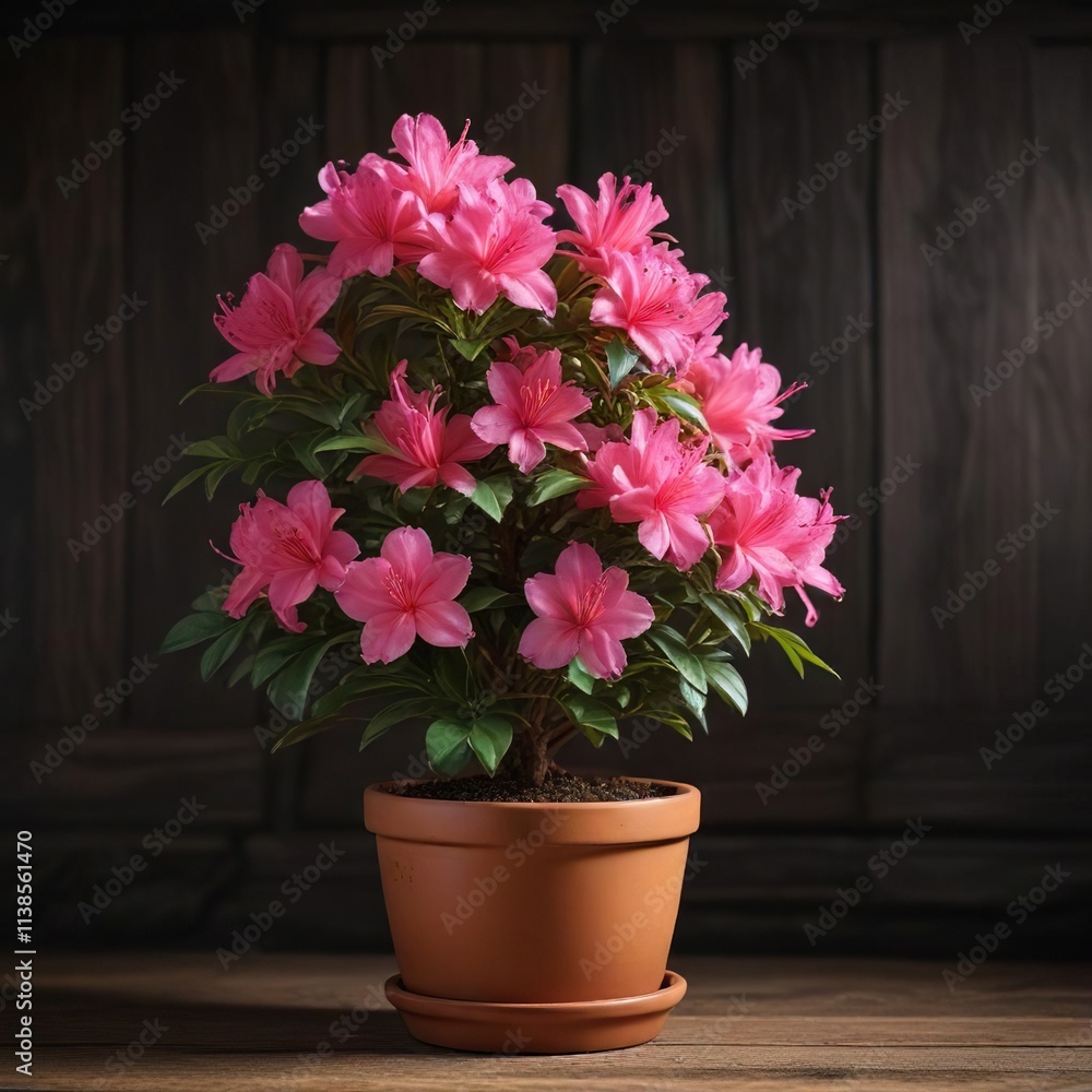 Small terracotta pot with blooming azalea against a dark wood background , garden decoration, indoor, houseplant Small terracotta pot with blooming azalea against a dark wood background , garden decoration, indoor, houseplant