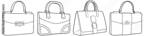 Set of mini handbag flat sketch vector illustration technical cad drawing template	