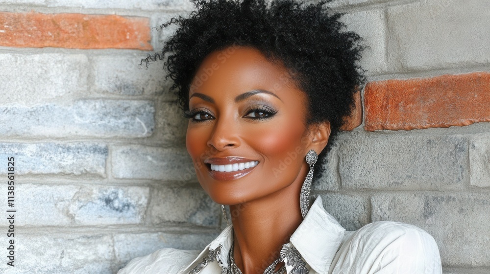 A woman with a radiant smile and curly hair poses confidently in front of a textured brick wall. Her elegant outfit enhances her natural beauty and vibrant personality A woman with a radiant smile and curly hair poses confidently in front of a textured brick wall. Her elegant outfit enhances her natural beauty and vibrant personality