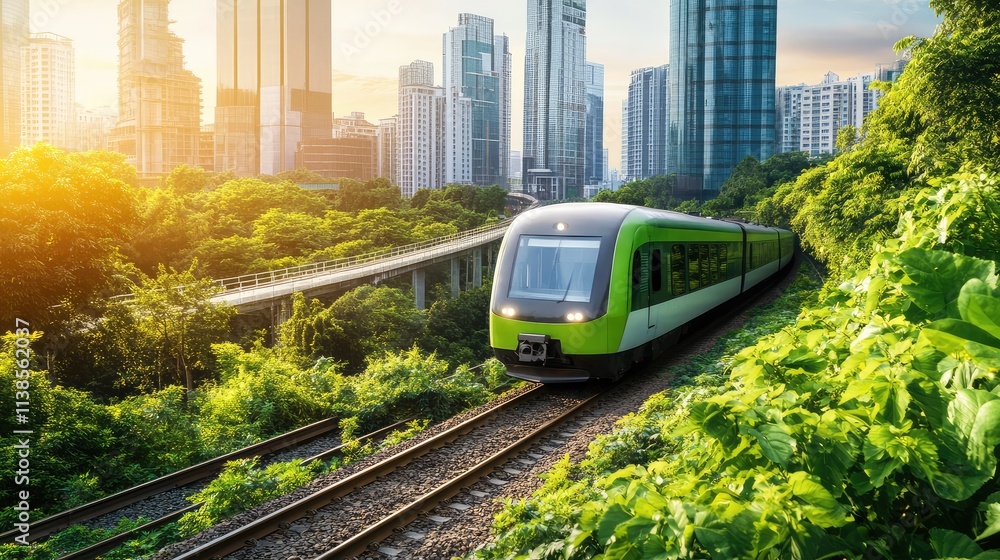 A high-speed train powered by green energy, featuring an eco-friendly design and speeding through an environmentally conscious city with advanced waste management systems