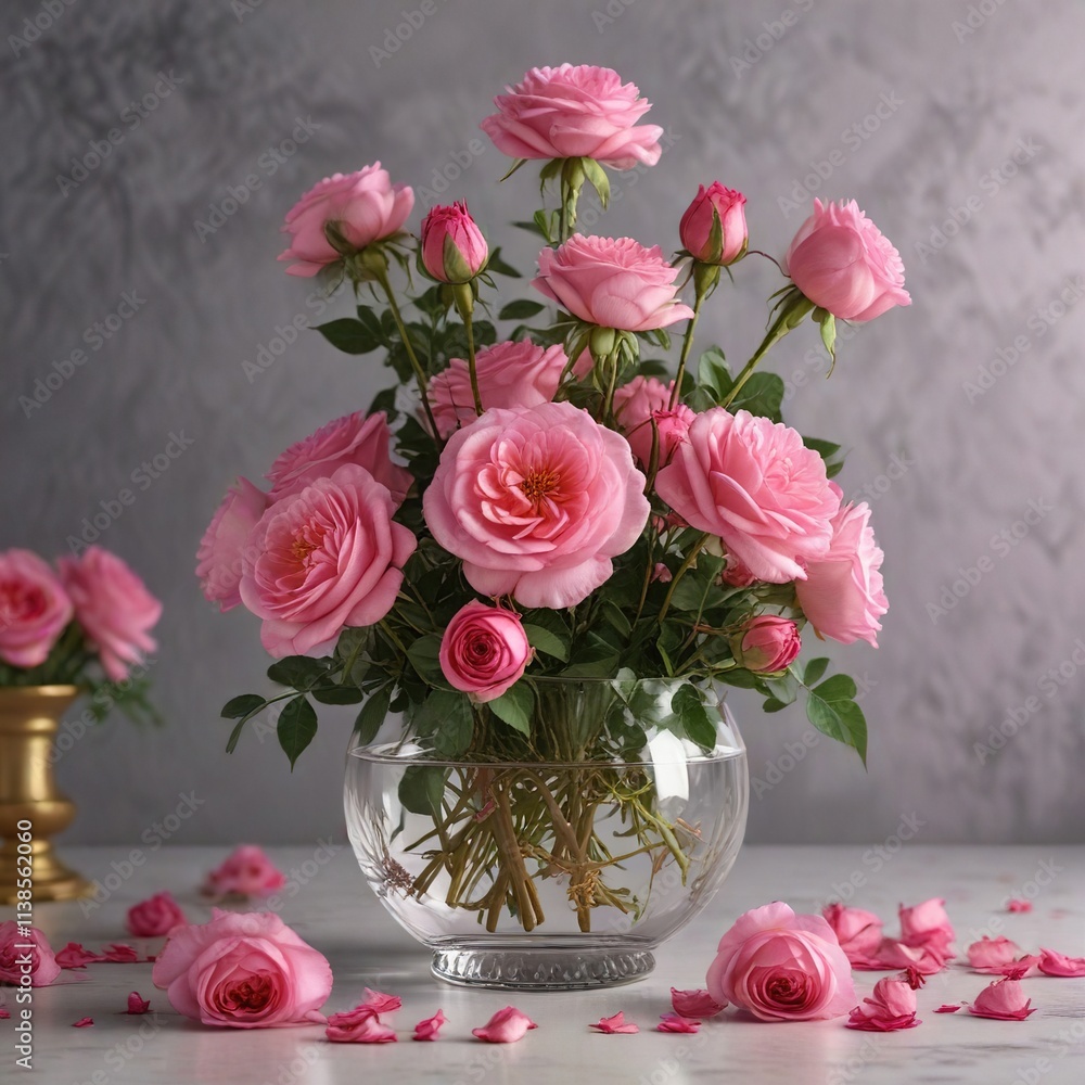 Collection of Rosa Damascena flowers in a elegant glass container, floral arrangement, perfumery inspiration Collection of Rosa Damascena flowers in a elegant glass container, floral arrangement, perfumery inspiration