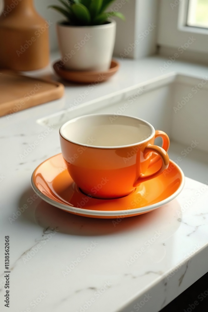 Empty orange cup and saucer on a marble countertop, sink, ceramics Empty orange cup and saucer on a marble countertop, sink, ceramics