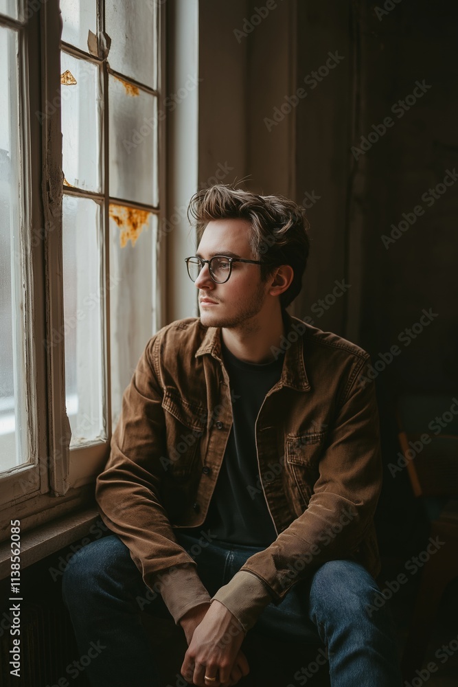 Obraz premium A young man gazes pensively out of a vintage window, capturing a moment of reflection and nostalgia.