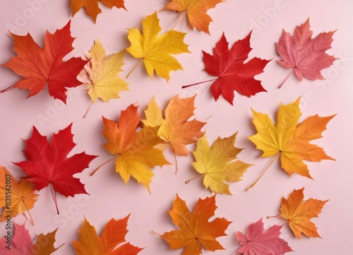 Collection of colorful maple leaves on a pale pink background, mixed colors, maple leaves