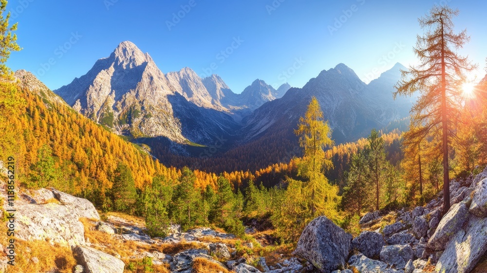 Beautiful Panoramic View of Autumn Mountains with Vibrant Colors and Sunshine Beautiful Panoramic View of Autumn Mountains with Vibrant Colors and Sunshine
