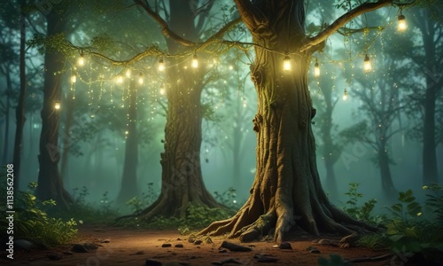 Ethereal green fairy lights suspended from the tree trunk like a canopy of tiny lanterns in the misty forest air , air, soft photo