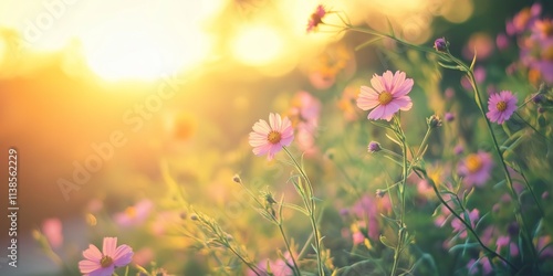 A stunning landscape filled with delicate flowers glowing beautifully in the warm and soft sunset light.