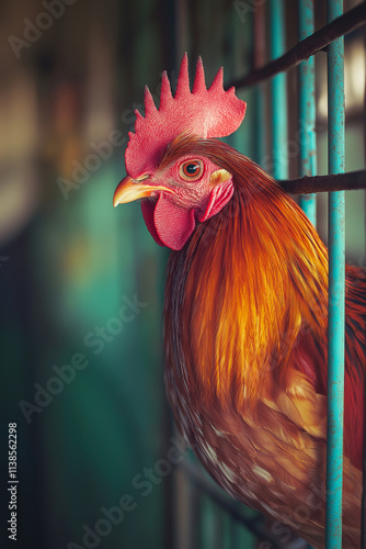 A stunning close-up of a rooster showcasing its colorful feathers and unique features. photo