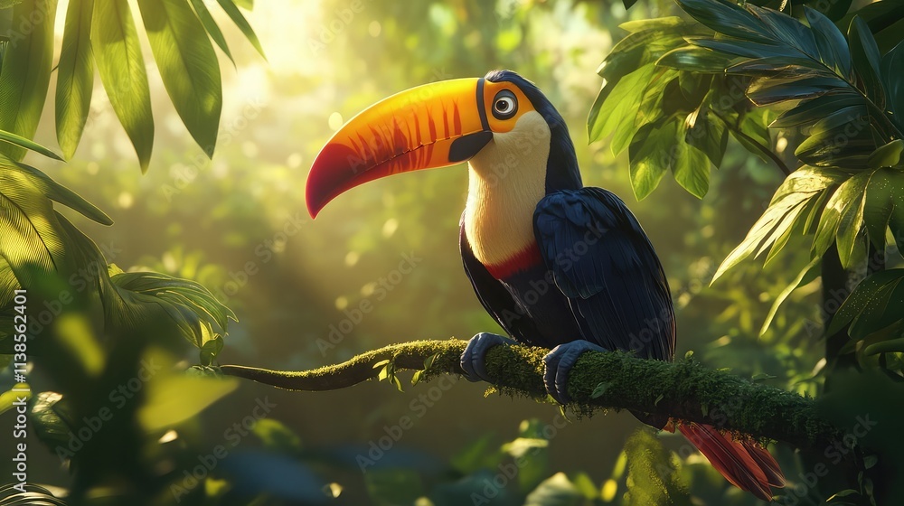 Obraz premium A vibrant toucan perches on a mossy branch, bathed in the warm glow of the morning sun. Its colorful beak and plumage stand out against the lush green tropical foliage.