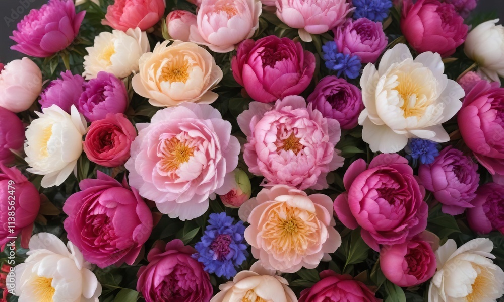 Colorful peonies and roses arranged in a lush bouquet, spring flowers, peonies Colorful peonies and roses arranged in a lush bouquet, spring flowers, peonies