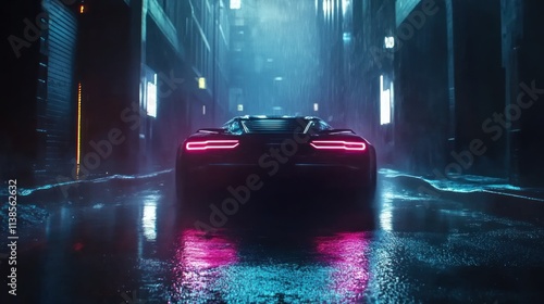 Cyberpunk Rain: Futuristic Sports Car in Neon-Lit City Alley
