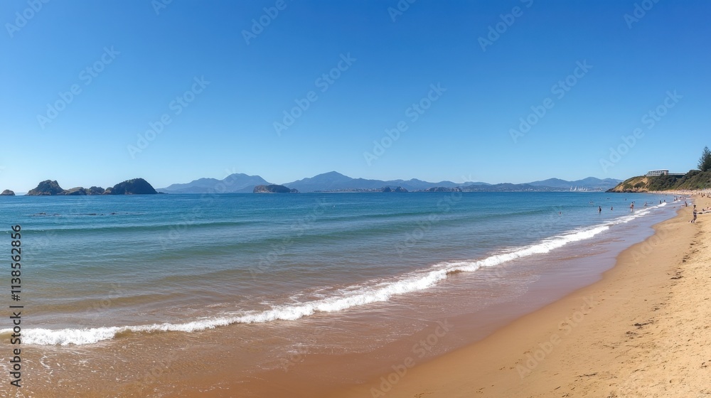 Serene Beach View with Soft Waves and Clear Blue Sky on Sunny Day Serene Beach View with Soft Waves and Clear Blue Sky on Sunny Day