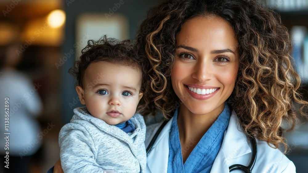 A cheerful healthcare professional with curly hair poses while holding a baby in a cozy medical office. The bright environment enhances the warm interaction between them A cheerful healthcare professional with curly hair poses while holding a baby in a cozy medical office. The bright environment enhances the warm interaction between them