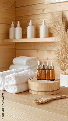 The inviting interior of a wooden bathhouse features essential oils, fresh herbs, and plush towels for a soothing spa experience