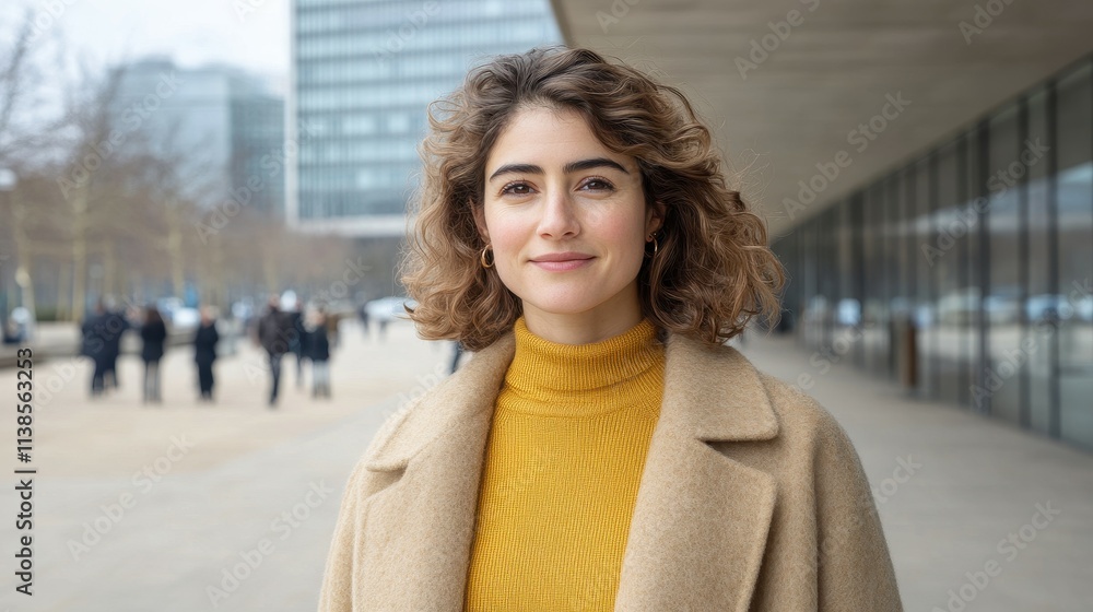 A young woman with curly hair smiles warmly while wearing a beige coat and vibrant yellow sweater in a modern city environment. People can be seen walking in the background A young woman with curly hair smiles warmly while wearing a beige coat and vibrant yellow sweater in a modern city environment. People can be seen walking in the background