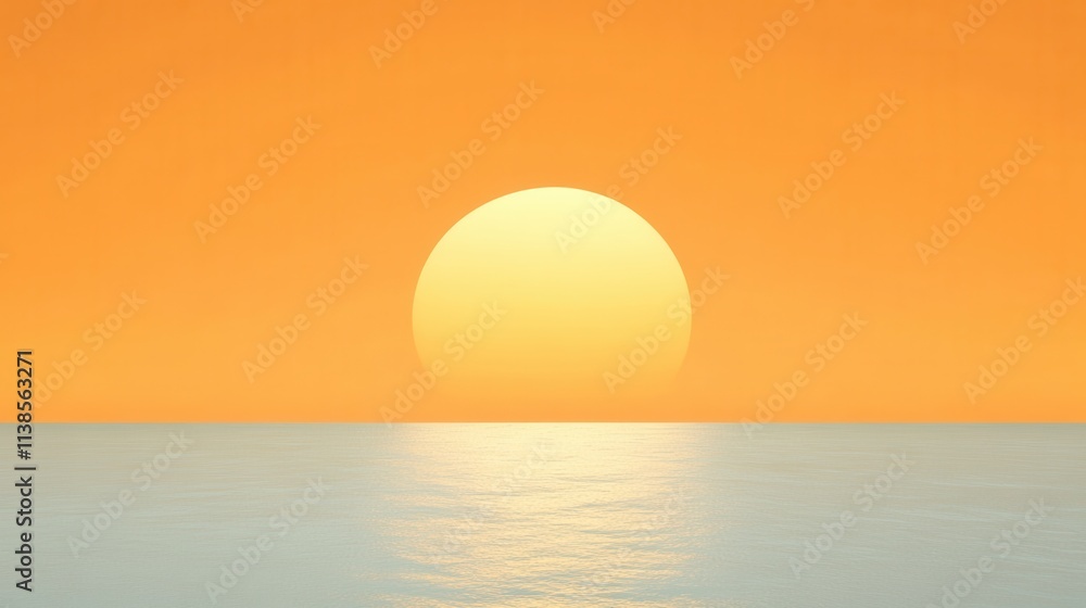 Orange Sunset Over Calm Ocean, Minimalist Landscape with Tranquil Vibes Orange Sunset Over Calm Ocean, Minimalist Landscape with Tranquil Vibes