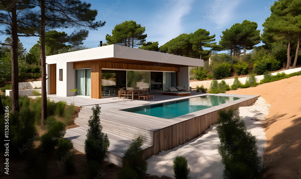 Fototapeta premium Modern Luxury Home with Infinity Pool Minimalist Architecture