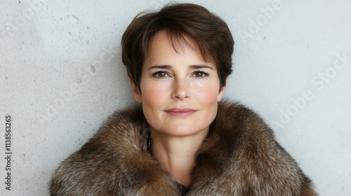 A woman stands elegantly with a slight smile, wearing a luxurious fur coat. The concrete wall provides a contemporary backdrop, creating a striking contrast photo