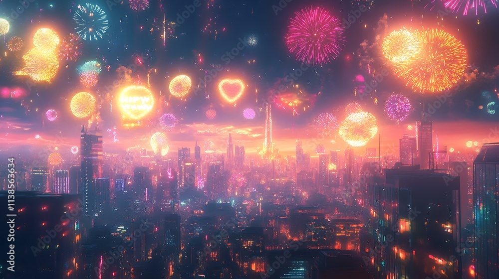 Fototapeta premium Neon Happy New Year 2025 text illuminated against a backdrop of radiant golden fireworks and a cityscape in the distance