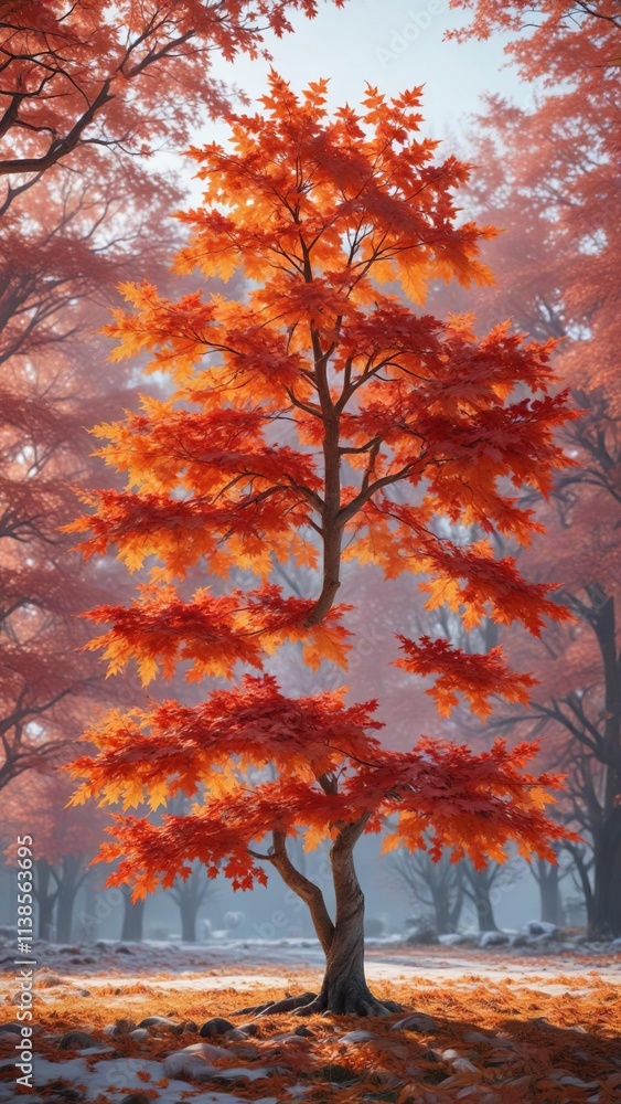 Frosty maple tree with vibrant red and orange leaves, branch, red Frosty maple tree with vibrant red and orange leaves, branch, red