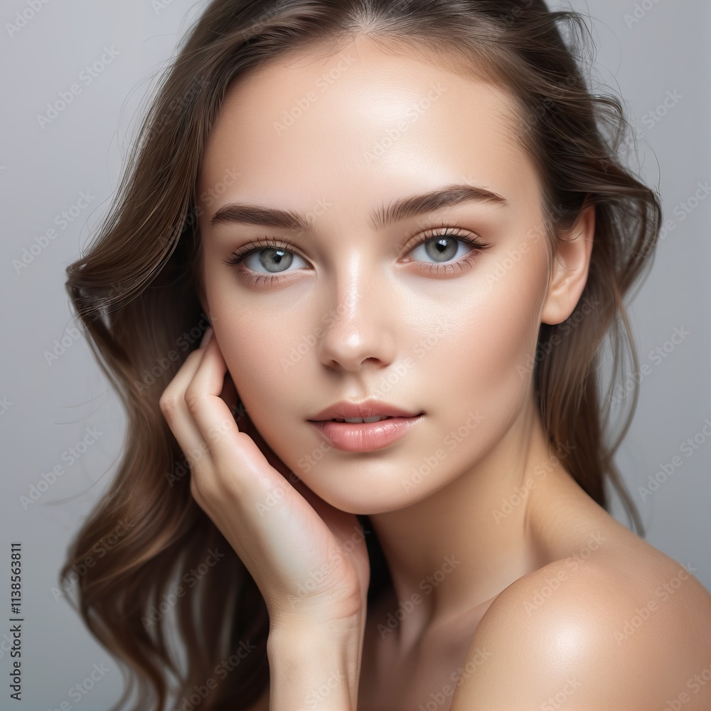 Beautiful woman gently touching her face with natural makeup and long brown hair Beautiful woman gently touching her face with natural makeup and long brown hair