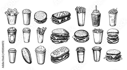 Fast food elements engraving vector set. Berry pies burgers hamburger french fries junk street meals coffee sandwich snacks, hand drawn black monochrome sketch isolated illustrations