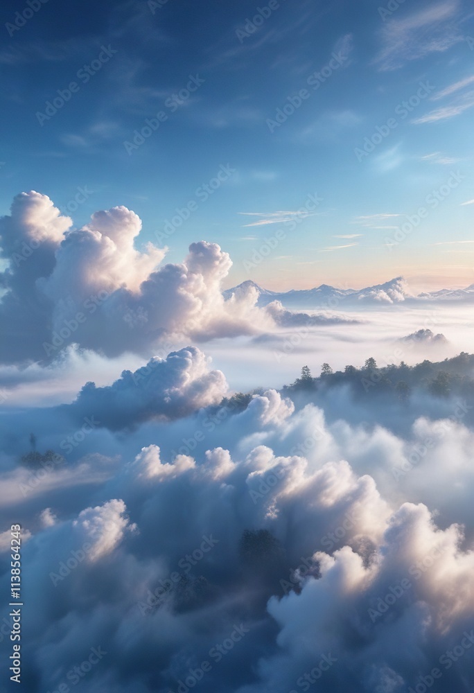 Obraz premium Gentle morning fog rolling in amidst a backdrop of bright blue sky with wispy clouds, landscape, clouds