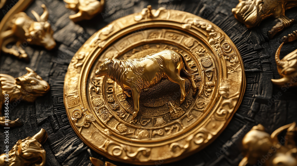 Obraz premium Intricate Golden Zodiac Wheel Featuring Ox Centerpiece