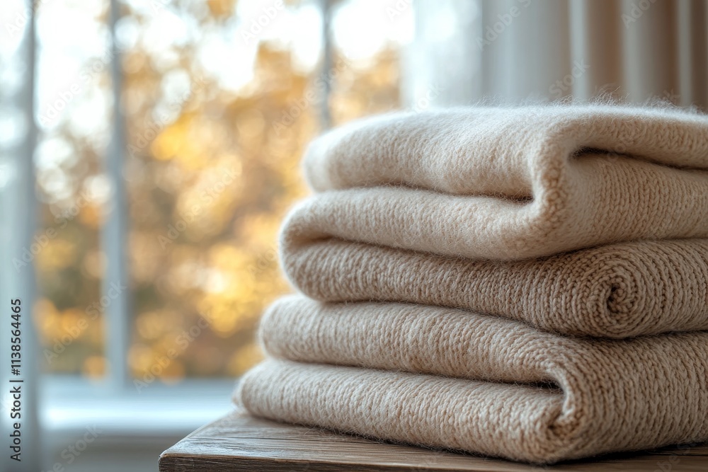 Stacked soft neutral sweaters on a wooden table in a warm sunlight atmosphere Stacked soft neutral sweaters on a wooden table in a warm sunlight atmosphere