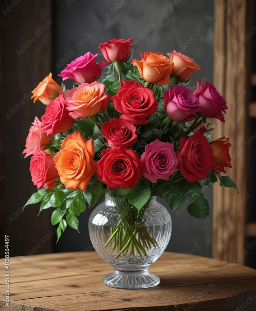 The vibrant colors of the roses are showcased in a stunning floral arrangement, placed in a beautiful crystal glass vase on a rustic wooden shelf , floral arrangement, energetic The vibrant colors of the roses are showcased in a stunning floral arrangement, placed in a beautiful crystal glass vase on a rustic wooden shelf , floral arrangement, energetic