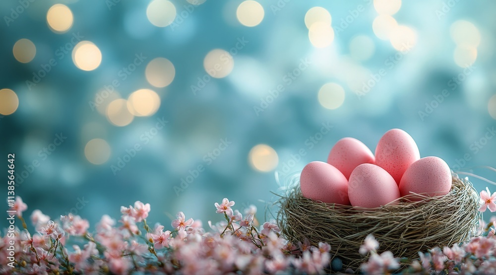 Pink eggs nestled in a nest surrounded by delicate flowers and soft bokeh background Pink eggs nestled in a nest surrounded by delicate flowers and soft bokeh background