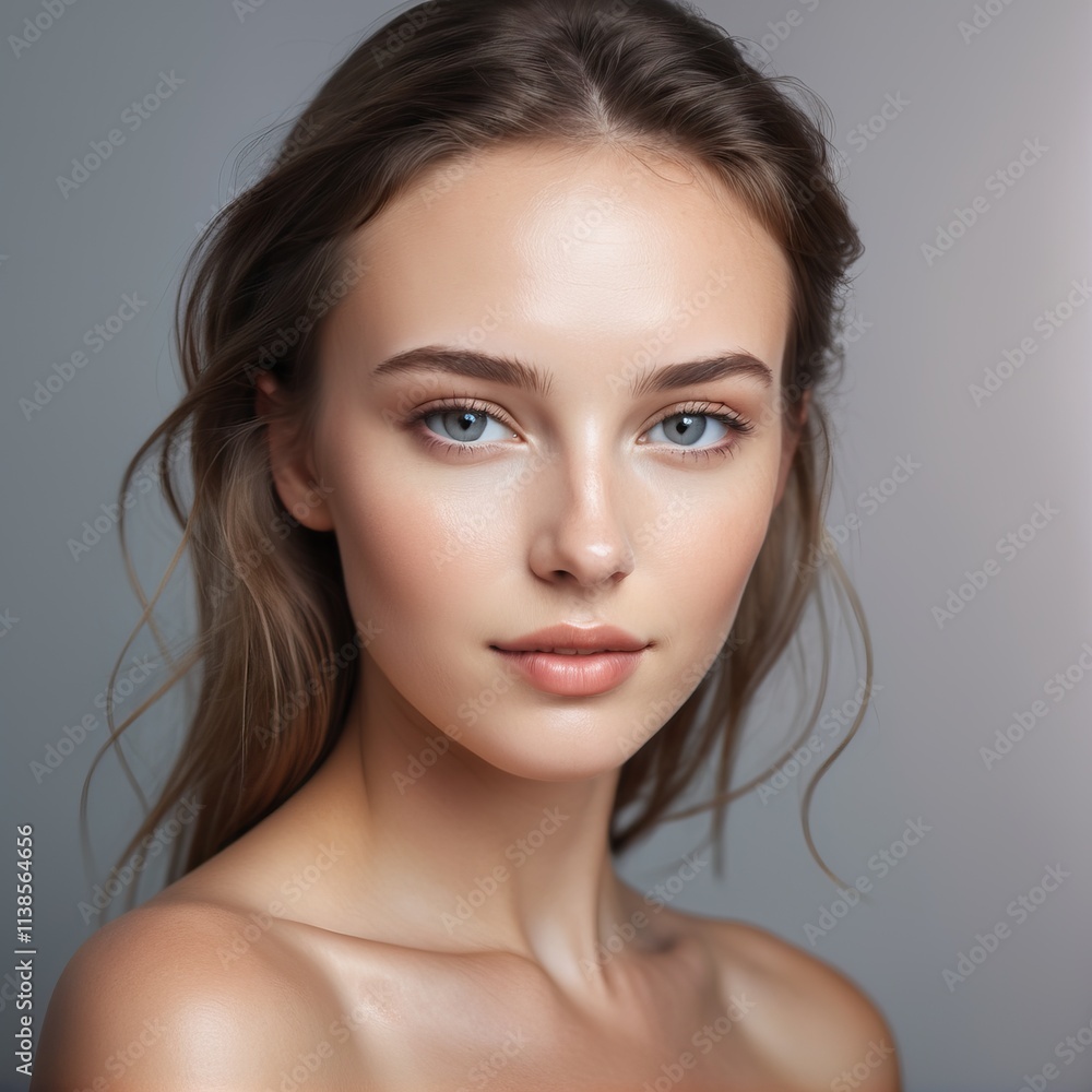 Fototapeta premium Beautiful woman showing perfect healthy skin and hair posing on gray background
