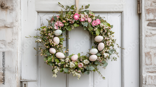 Easter wreath hanging on white wooden door.