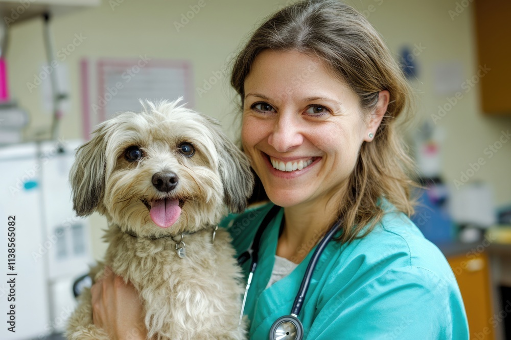Caring Vet Embracing Happy Dog in a Professional Clinic Setting Caring Vet Embracing Happy Dog in a Professional Clinic Setting