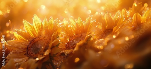 Sunflower field glowing under sunset with warm light and shimmering particles in the air