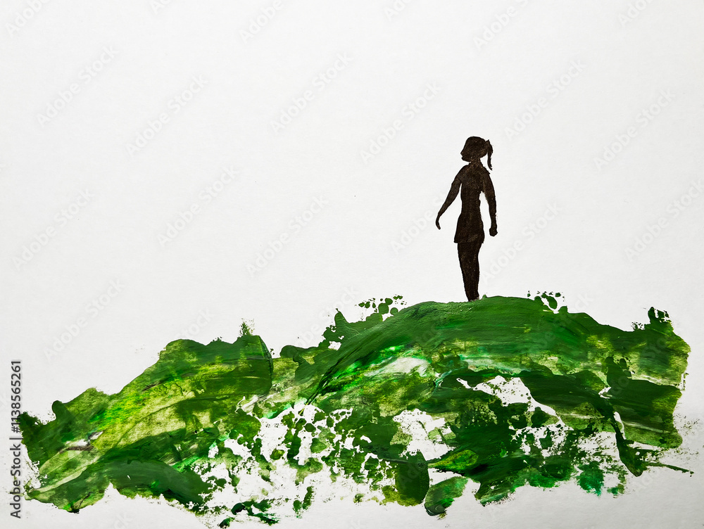 Painted silhouette of a girl on top of a hill