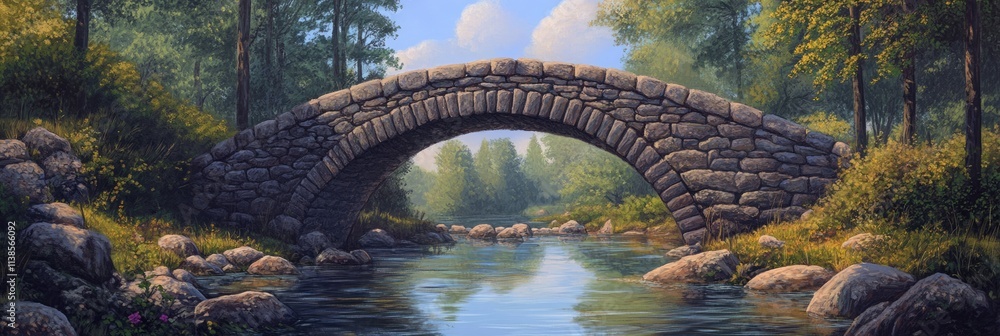 Fototapeta premium Historic Stone Bridge Over Tranquil River in Lush Irish Landscape Surrounded by Trees and Sky