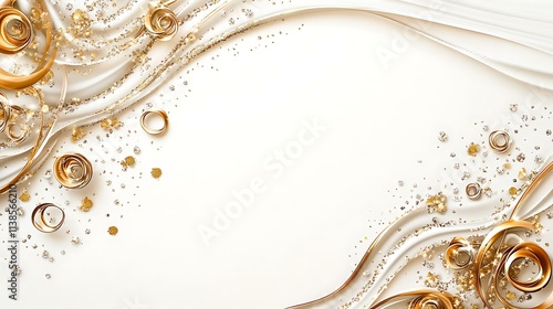 Luxurious corner design with metallic decorations, gold confetti, and ribbon curls on a white background