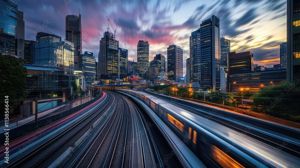 Fototapeta premium A high-speed train racing past a city skyline at dusk, with the buildings illuminated and the sky transitioning to twilight shades