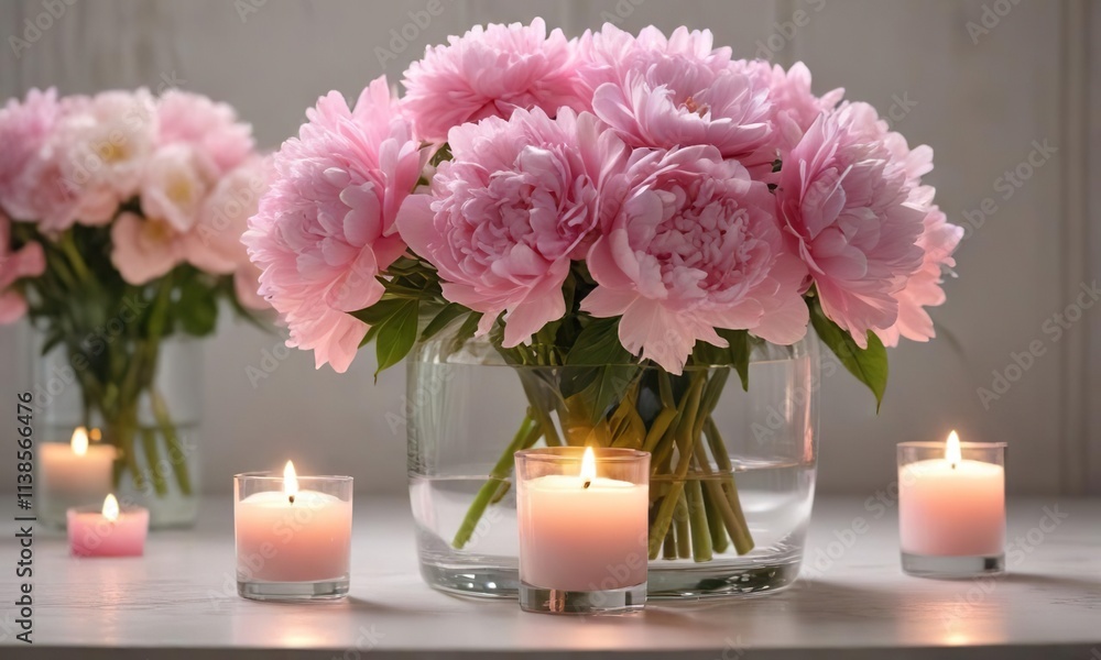 Delicate peonies and hydrangeas in a clear glass container filled with soft pink candles, whimsical decor, romantic ambiance Delicate peonies and hydrangeas in a clear glass container filled with soft pink candles, whimsical decor, romantic ambiance