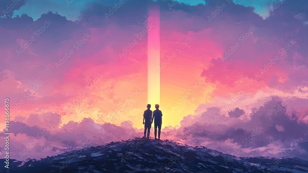 Fototapeta premium Two figures standing on a hill gazing at a vibrant sunset with colorful clouds and beams of light illuminating the horizon