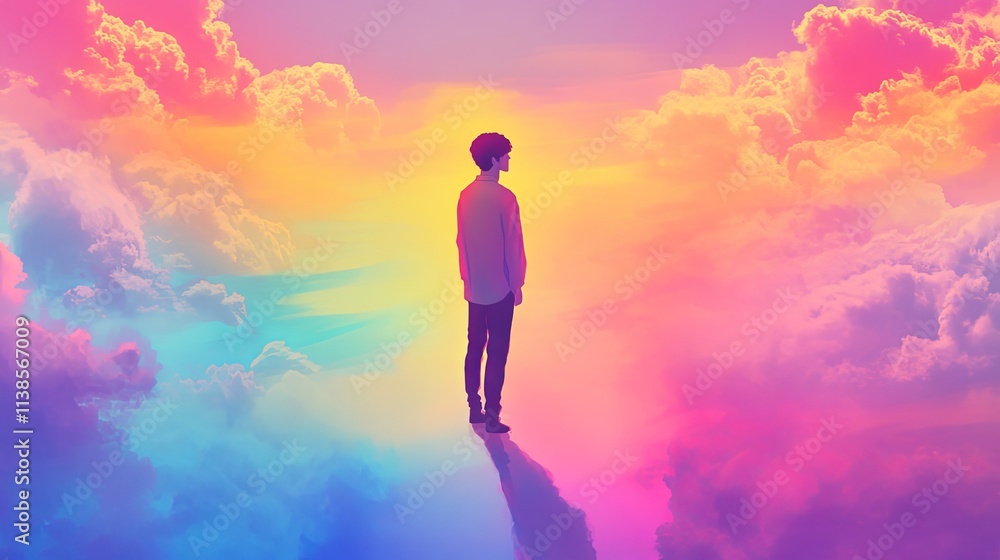 Person stands in a vibrant dreamlike landscape filled with colorful clouds at sunset, evoking a sense of wonder and tranquility Person stands in a vibrant dreamlike landscape filled with colorful clouds at sunset, evoking a sense of wonder and tranquility