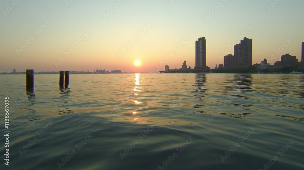 Serene Sunset Over Urban Skyline Reflected in Calm Water Body Serene Sunset Over Urban Skyline Reflected in Calm Water Body