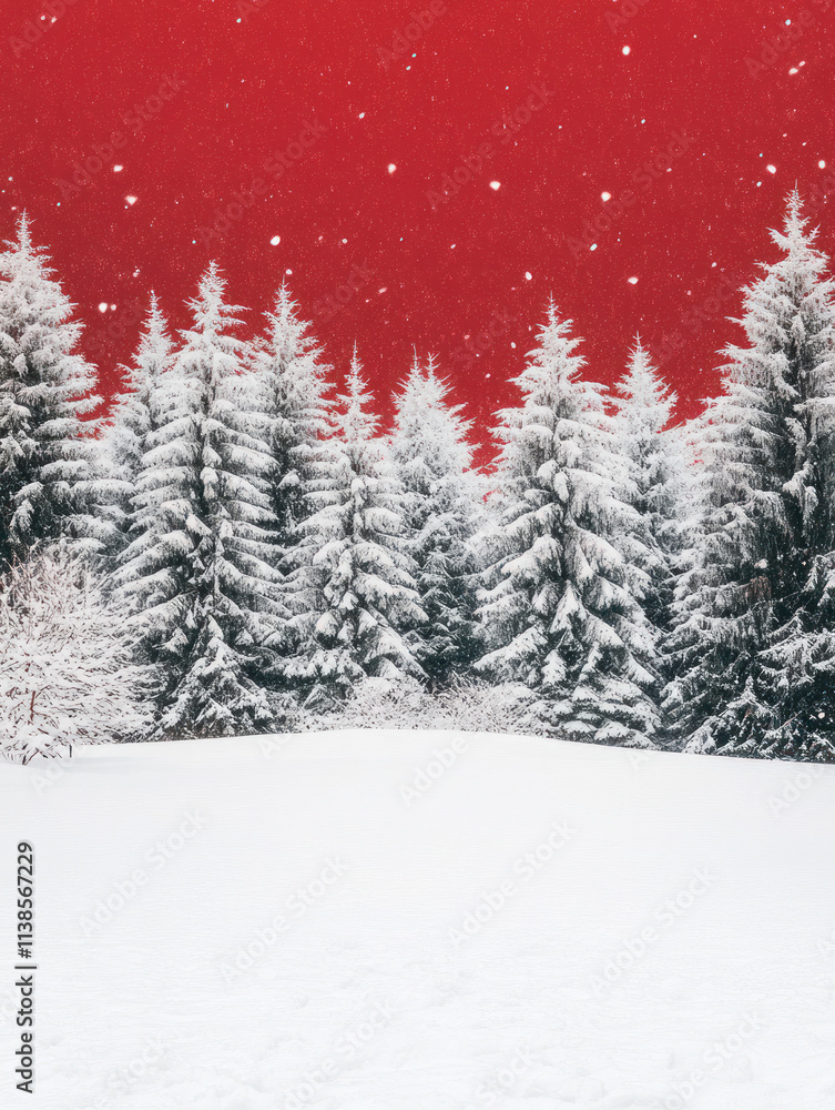 Enchanting Winter Wonderland with Snow-Covered Trees Against a Red Background Perfect for Holiday Celebrations and Christmas-Themed Designs Enchanting Winter Wonderland with Snow-Covered Trees Against a Red Background Perfect for Holiday Celebrations and Christmas-Themed Designs