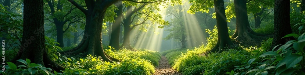 Fototapeta premium Dense foliage blocks sunlight, casting dappled shadows on forest floor, vegetation, forest overgrowth, woodland