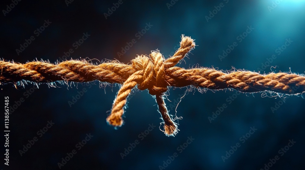 Close-Up of a Twisted Rope Knot Against a Dramatic Blue Background with Soft Lighting, Capturing the Intricacies of Textures and Knots in Textile Craftsmanship Close-Up of a Twisted Rope Knot Against a Dramatic Blue Background with Soft Lighting, Capturing the Intricacies of Textures and Knots in Textile Craftsmanship