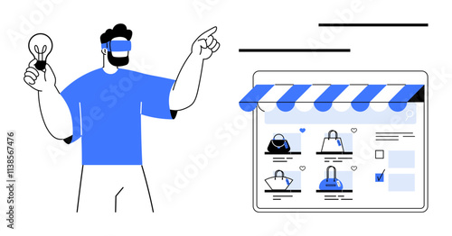 Man with VR headset holding lightbulb points at online store interface displaying various products. Ideal for e-commerce, virtual reality, innovation, technology, online shopping, digital marketing