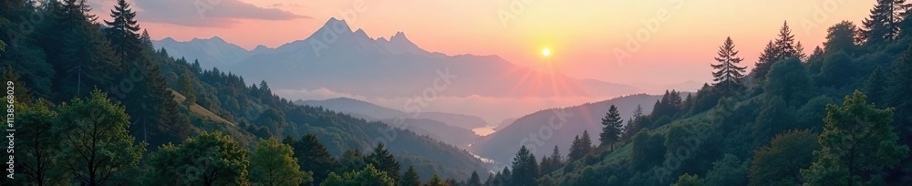 Obraz premium Dew-kissed forest at dawn amidst misty mountain peaks, landscape, nature