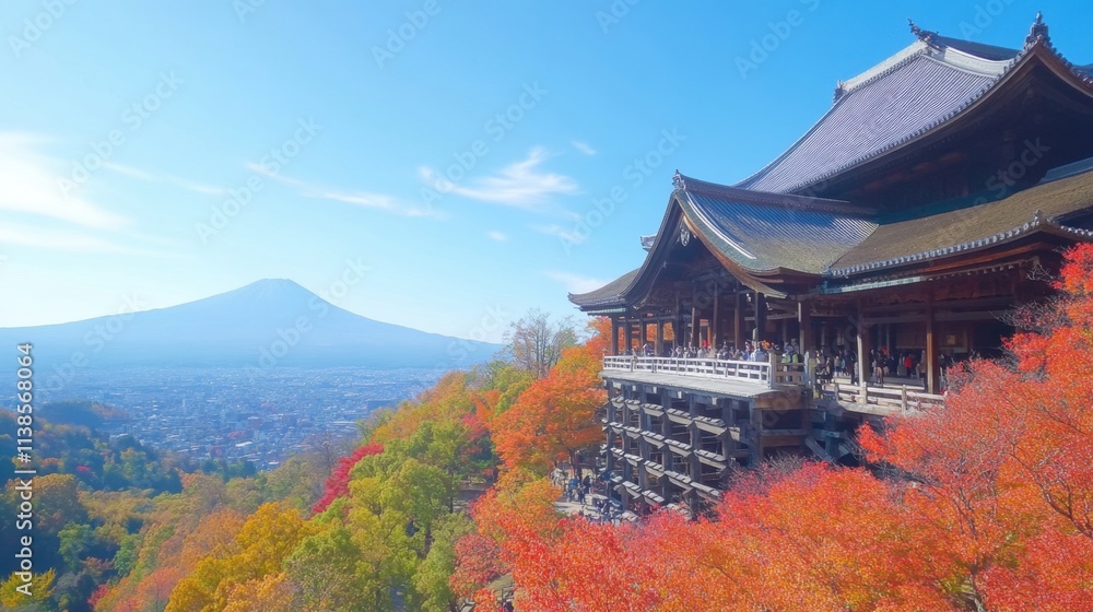Scenic View of Temple with Mount Fuji and Autumn Foliage in Japan